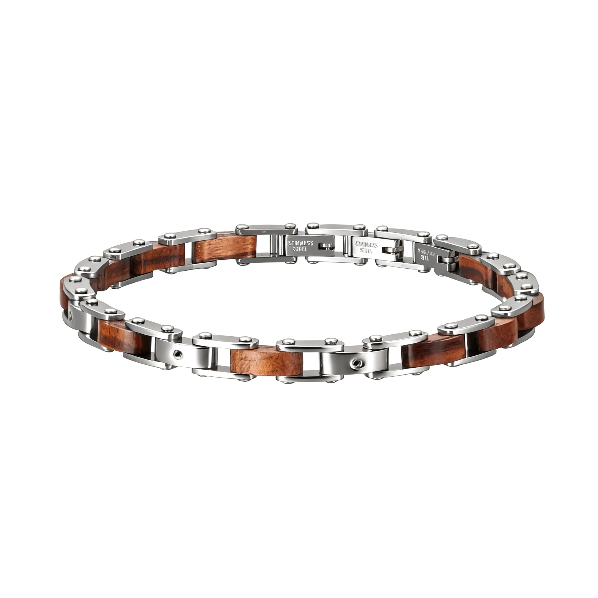 Runda Men's Wooden Bracelet 22cm Adjustable Stainless Steel Link Chain Handmade Natural Fashion Accessory