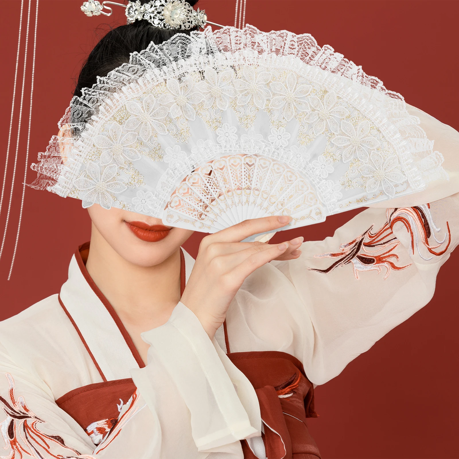 

Lace Floral Folding Hand Chinese Retro Vintage Fan Bridal Wedding Dance Props Foldable Decorative Fans For Women Lolita Style