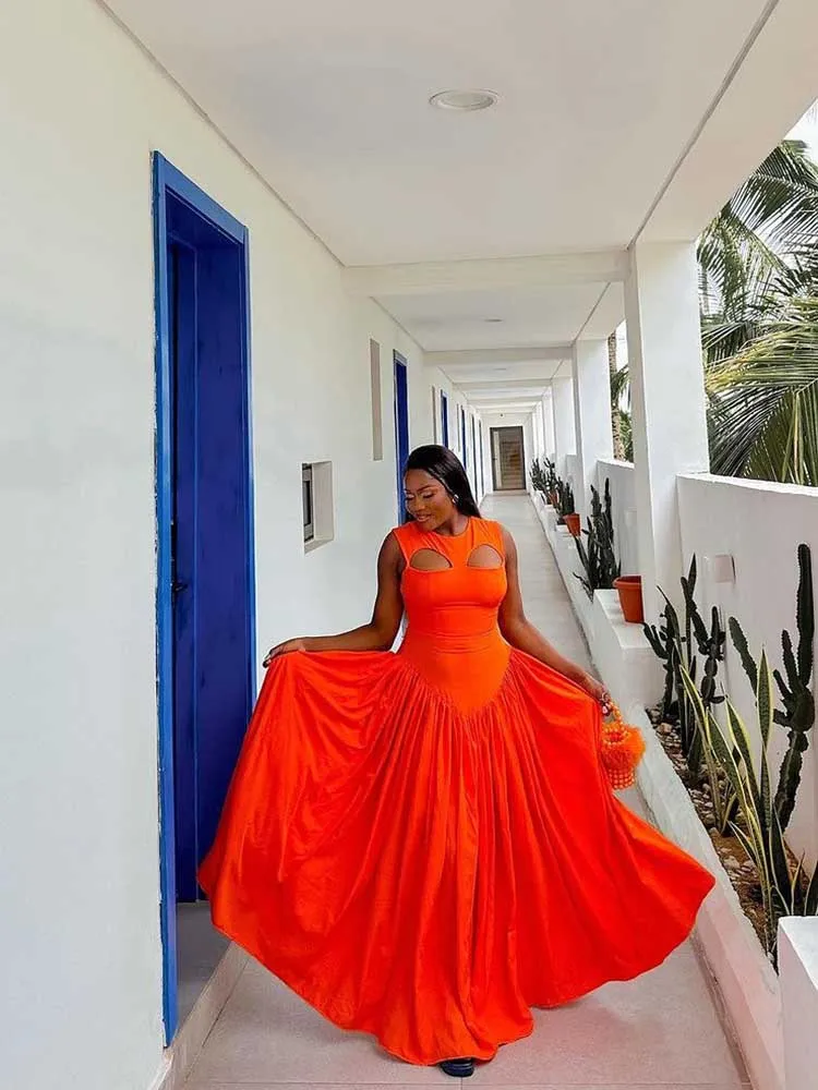 فستان طويل مجوف للنساء ، طويل ، جميل ، برتقالي ، أنيق ، حفلة ، بيع بالجملة ، دروبشيبينغ ، الصيف