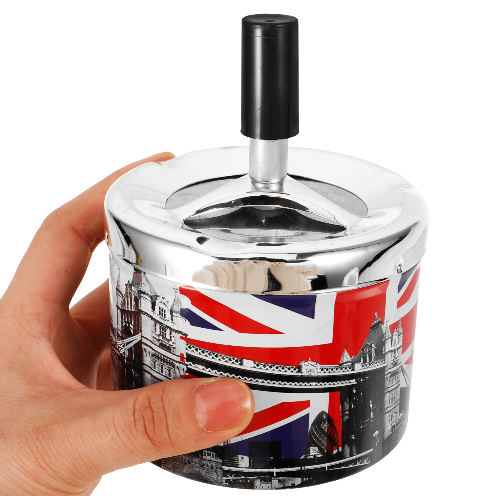 

Stainless Steel Rotating Lid Ashtray Windproof Automatic Extinguishing Home Office Bar Use Portable Desktop Outdoor Small
