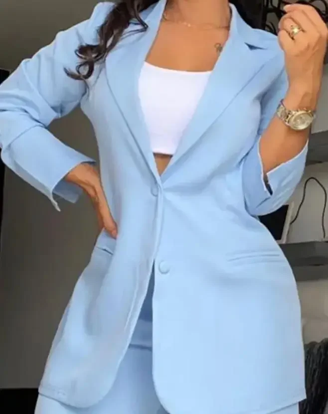 Two Piece Set Women Outfit 2024 Autumn Fashion Notched Collar Long Sleeve Blazer Coat & Elegant Pocket Design Work Pants Set