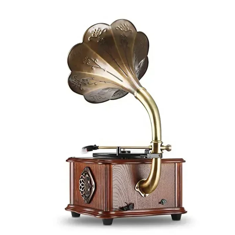 Szhfjcth retro all-in-one turntable record player vintage phonograph gramophone Bluetooth USB output copper horn nostalgic vinyl