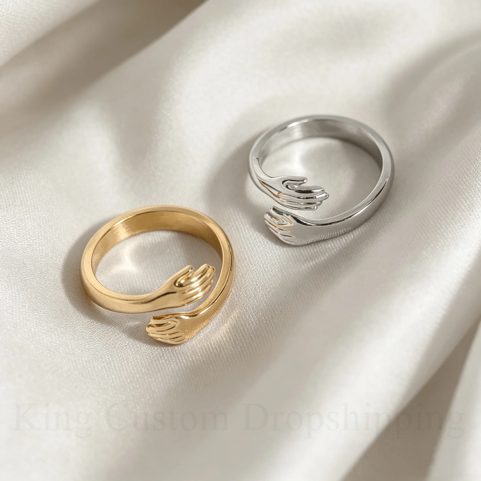 Adjustable Hugging Hands Open Ring Stainless Steel Embrace Band Ring for Women Valentine's Day Anniversary Gift Jewelry