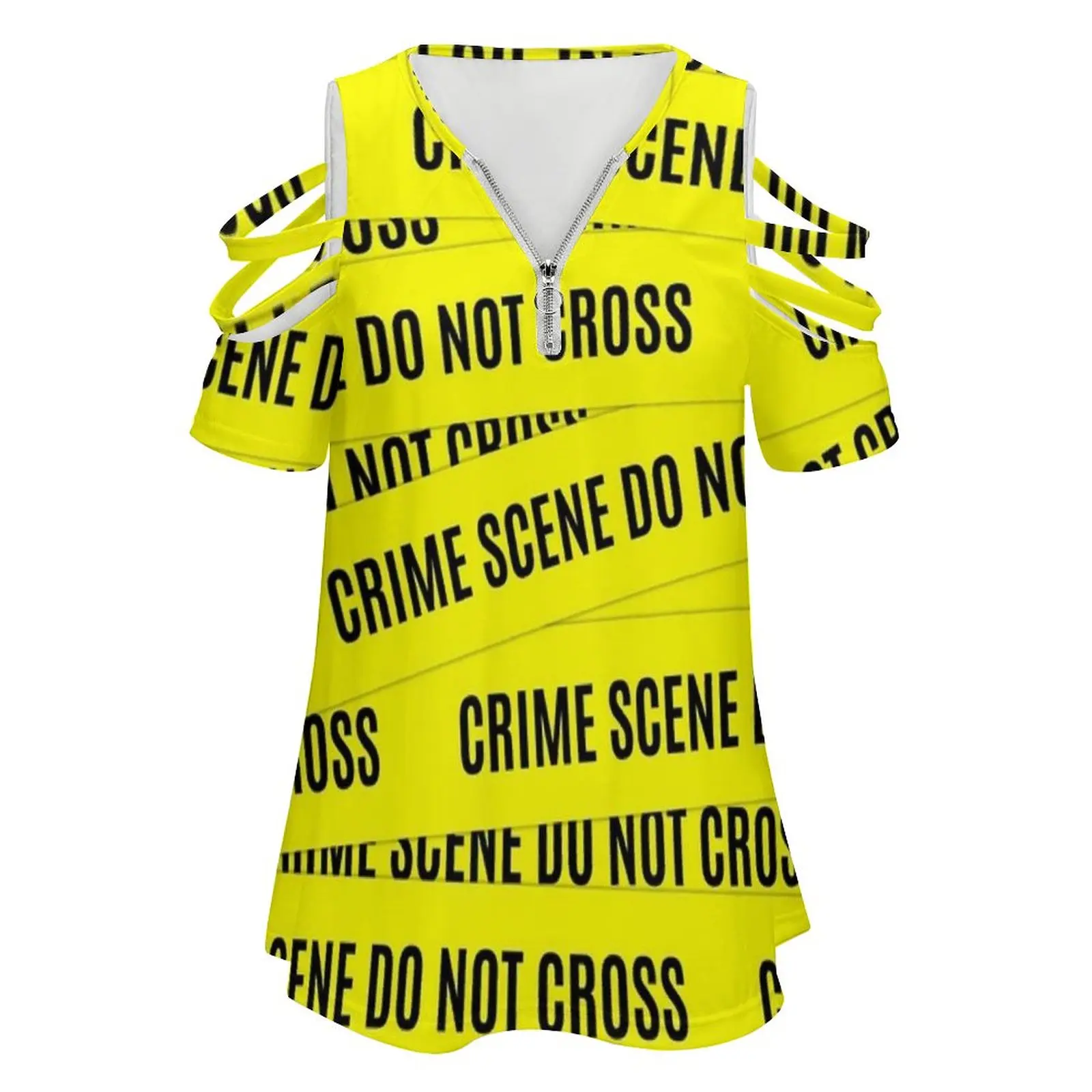 Crime Scene Tape Pattern Women'S T-Shirt New Fashion Printed Zipper V-Neck Short Sleeve T Shirts Casual Plus Size Crime Scene