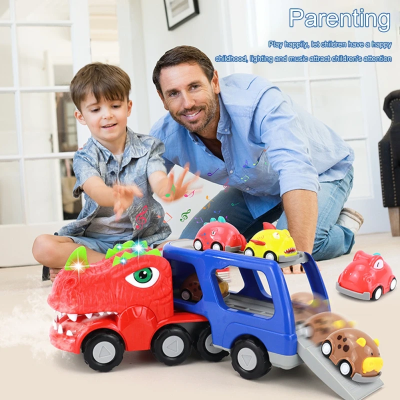 

Children Car Toys New Dinosaurs Cars Large Inertial Car Dinosaur Transport Carrier Truck Kids Pull Back Vehicle Holiday Gifts