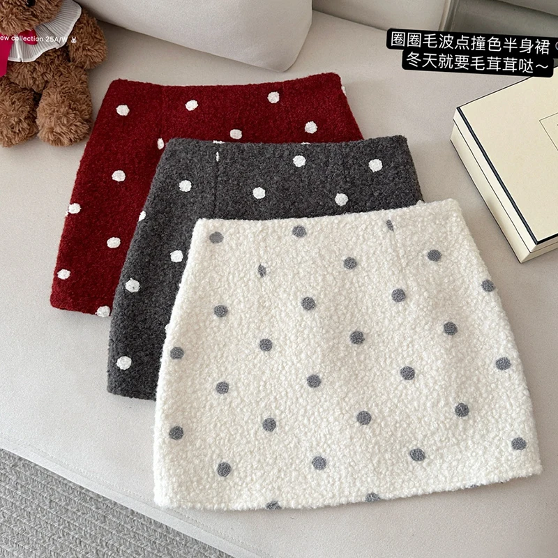 

Korean Fashion Polka Dot Mini Skirts Women Autumn Winter Thick Warm Short Skirts with Shorts Zip-up Skirts Female Hot Girls