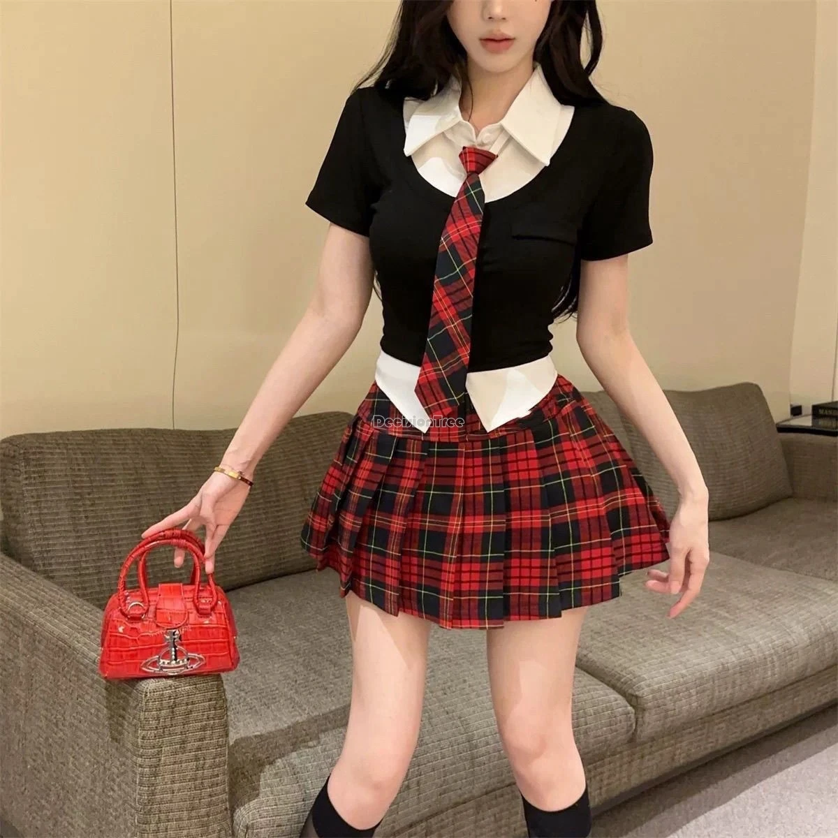 2025 stile coreano colletto polo top a maniche corte a vita alta jk plaid gonne corte 2 pezzi estate ragazze uniforme scolastica jk set