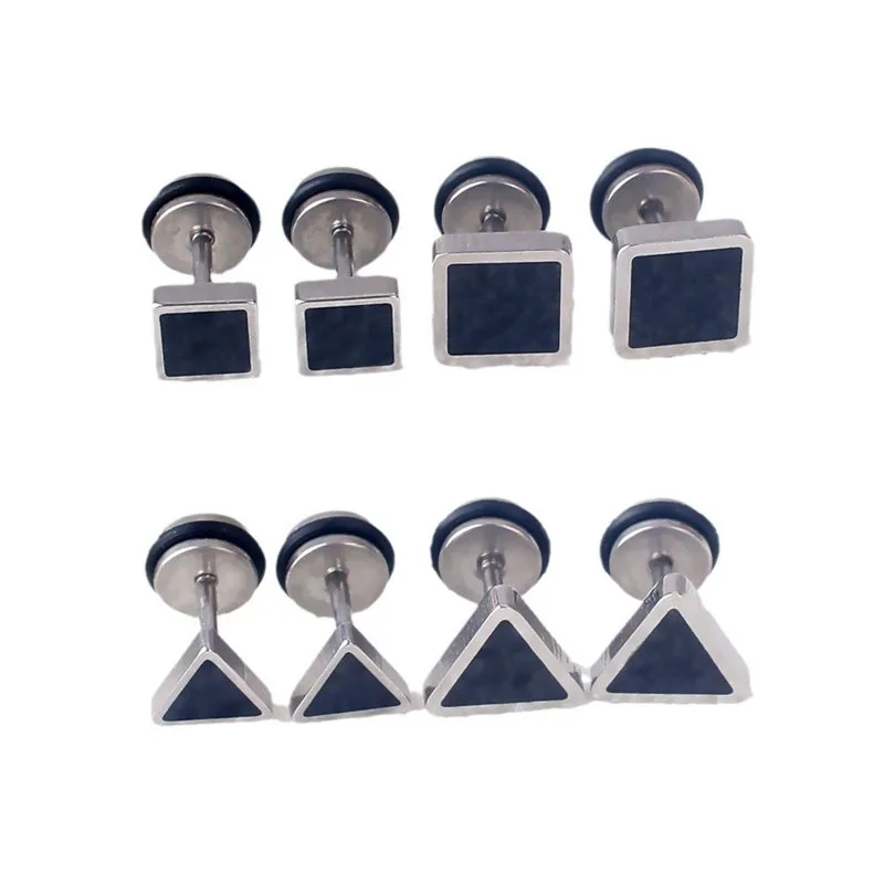 Punk Square Triangle Barbell Style Enamel Earrings Stainless Steel Hiphop Gemetric Stud Ear Jewelry Party Gifts For Women Men