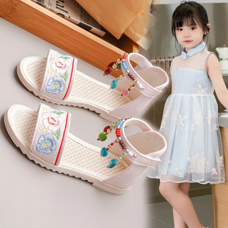 

Children's Sandals for Girls Shoes for Kids Gladiator Summer Soft Flat Heels Beach Princess Fashion Tassel Ethnic Style Shoes