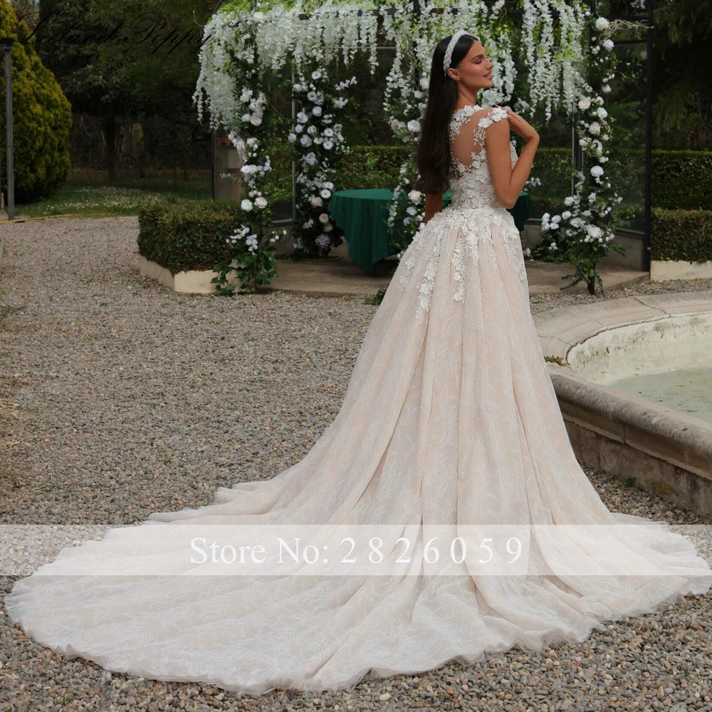 Lhuillier 2 in 1 Abiti da sposa in pizzo a sirena Abito da sposa con scollo rotondo senza maniche e spacco alto con strascico staccabile