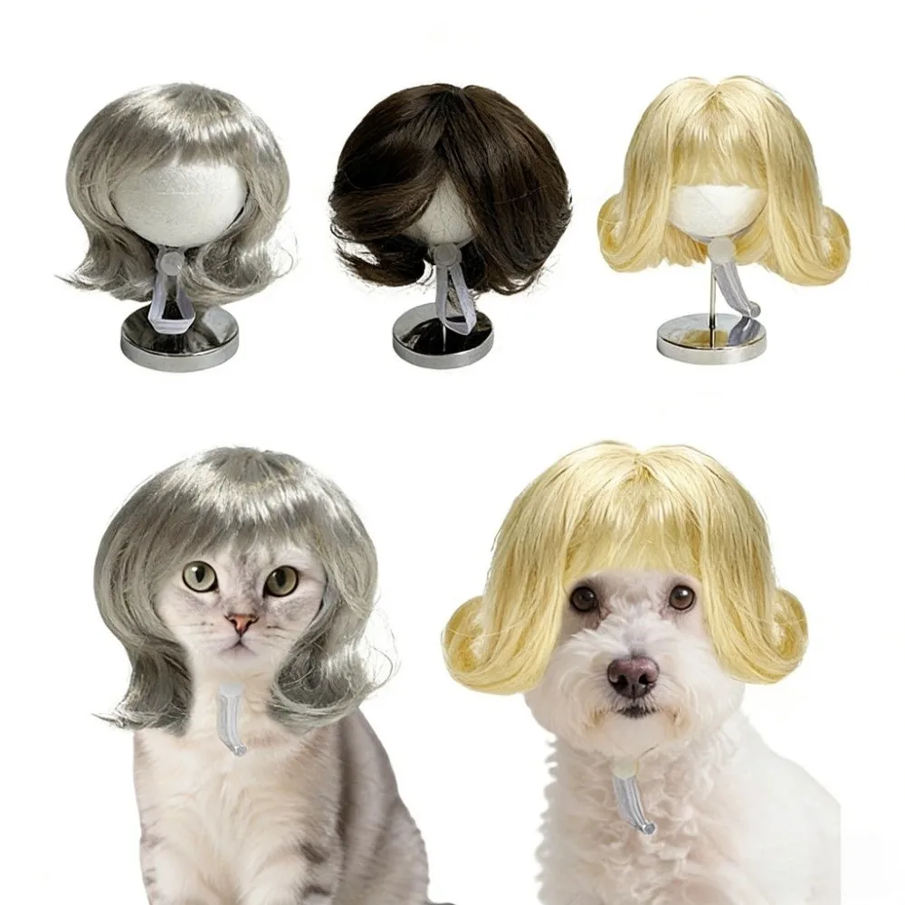 Adjustable Fit Pet Bob Wig with Bangs Reusable Kitty Wavy Hair Dressing Up Cosplay Cat Fake Hair Halloween Celebration