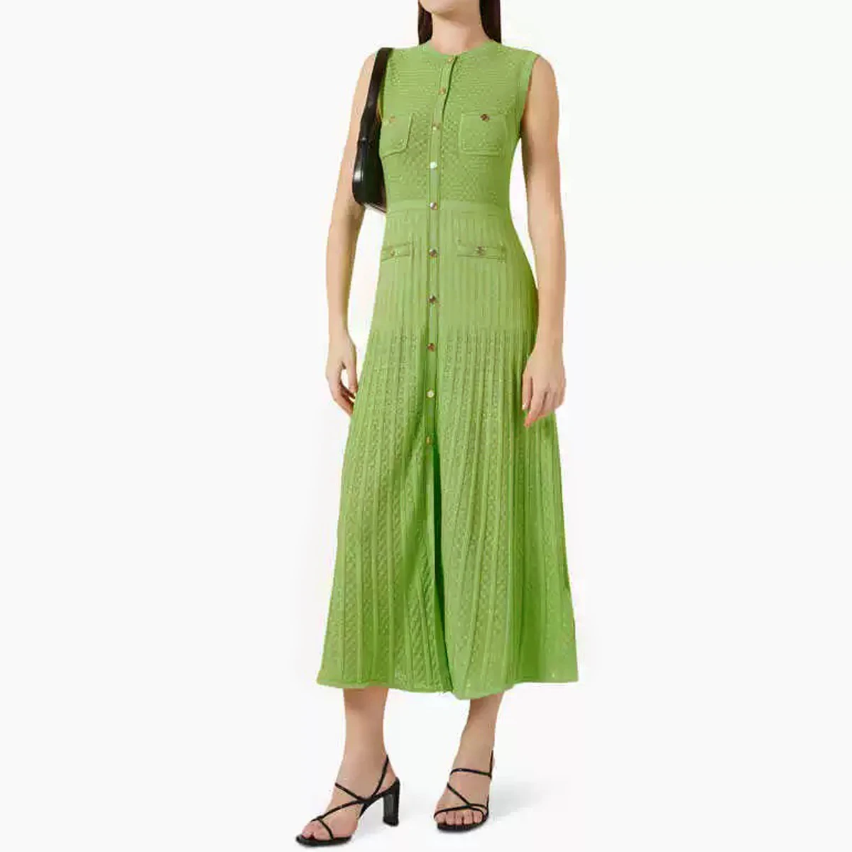 Summer New Fashionable Temperament Commuting Single Breasted Round Neck Sleeveless Slim Fit Hollow Out Lady Long Knitted Dress