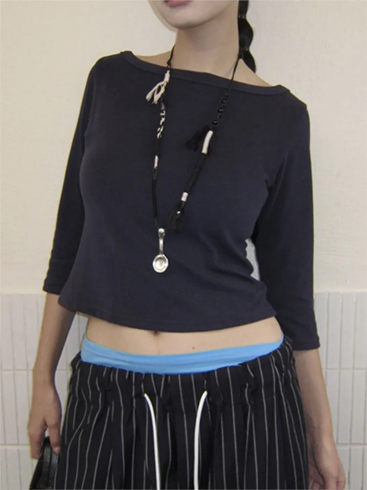 بسيطة ثلاثة أرباع كم تي شيرت امرأة الخريف الصلبة الأساسية مائل الرقبة القطن سليم المحاصيل الأعلى الإناث عادية كل مباراة تي شيرت