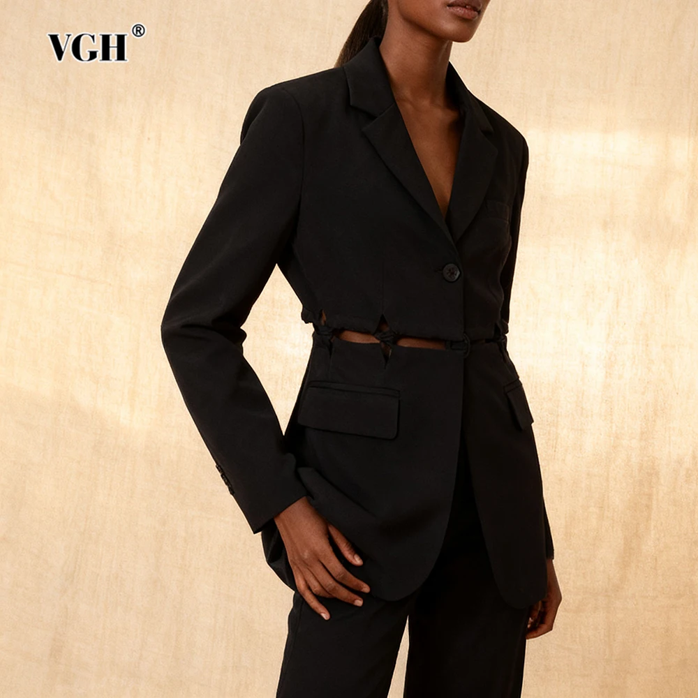 

VGH Solid Design Sense Hollow Out Blazers For Women Lapel Long Sleeve Summer Beach Style Casual Slimming Jacket Female Fashion