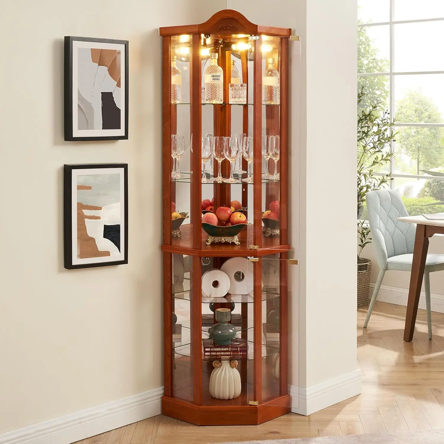 Lighted Corner Display Curio Cabinet Wooden Shelving Unit With Tempered Glass Door, Bar And Liquor Storage Area With 5 Shelves,