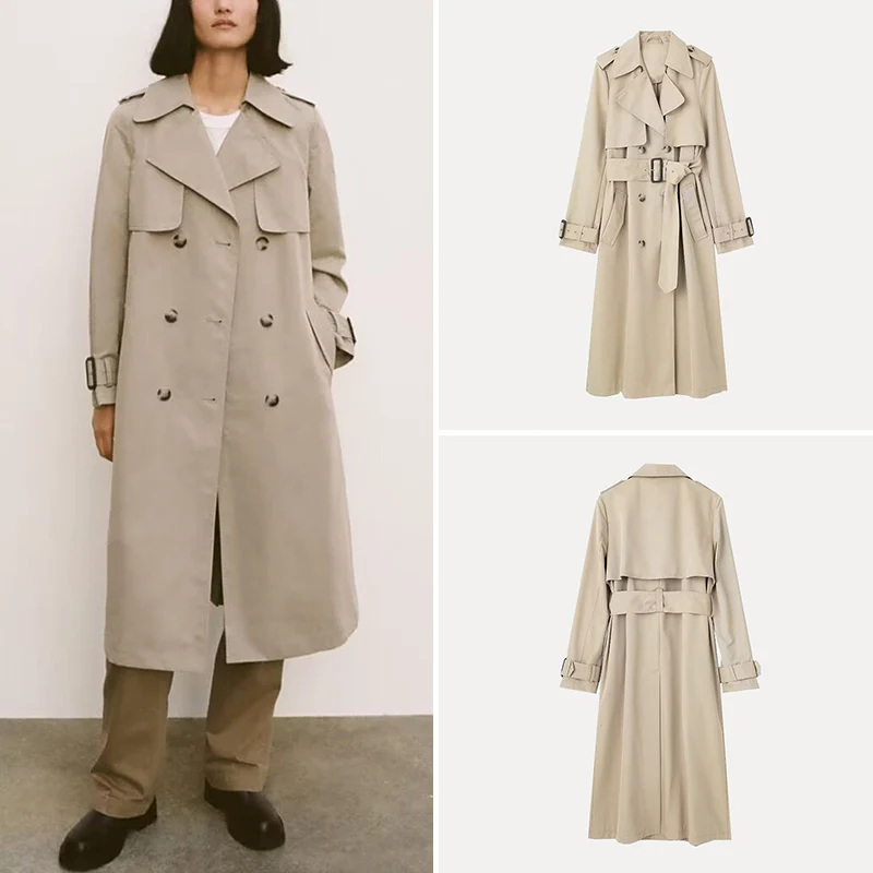 Spring 2025 Women's Classic Long Coat with Belt Fashionable Versatile Street Style Regular Thickness Polyester Fiber