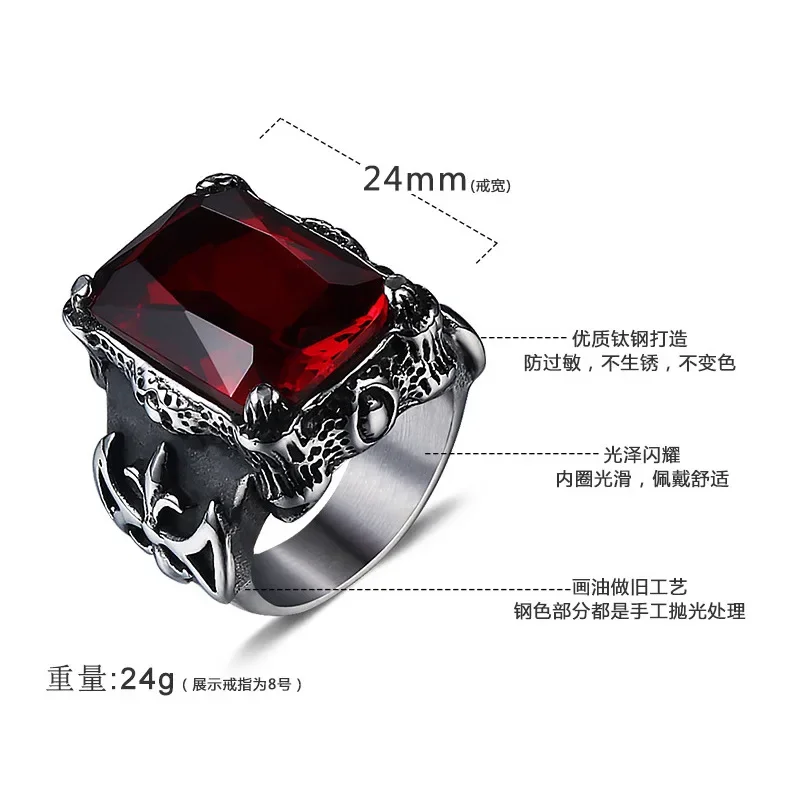 CHUANGCHENG Fashion Retro Punk Cross Ruby Stainless Steel Rings Size 7-12