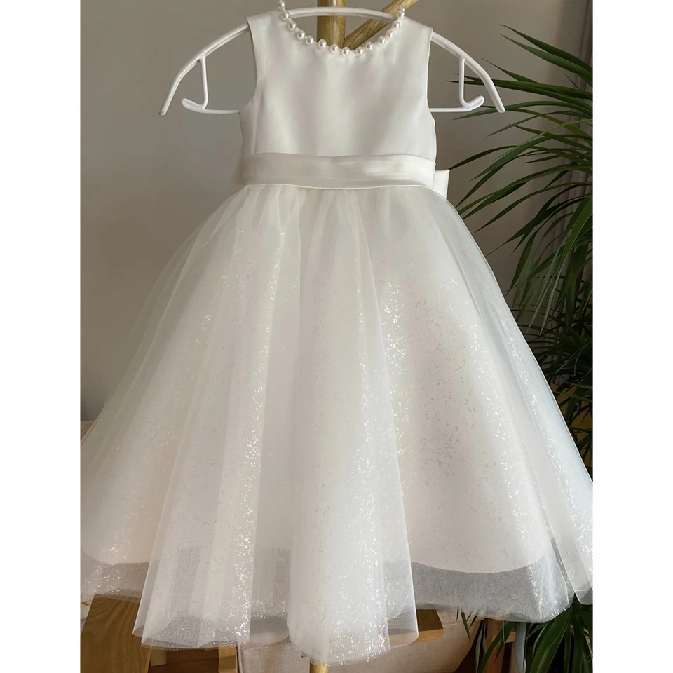 Customized Kids White O-Neck Pearls Bow TFlower Girl Dress 2024 Ball Gown Sleeveless First Communion Dress Girl Pageant Dresses