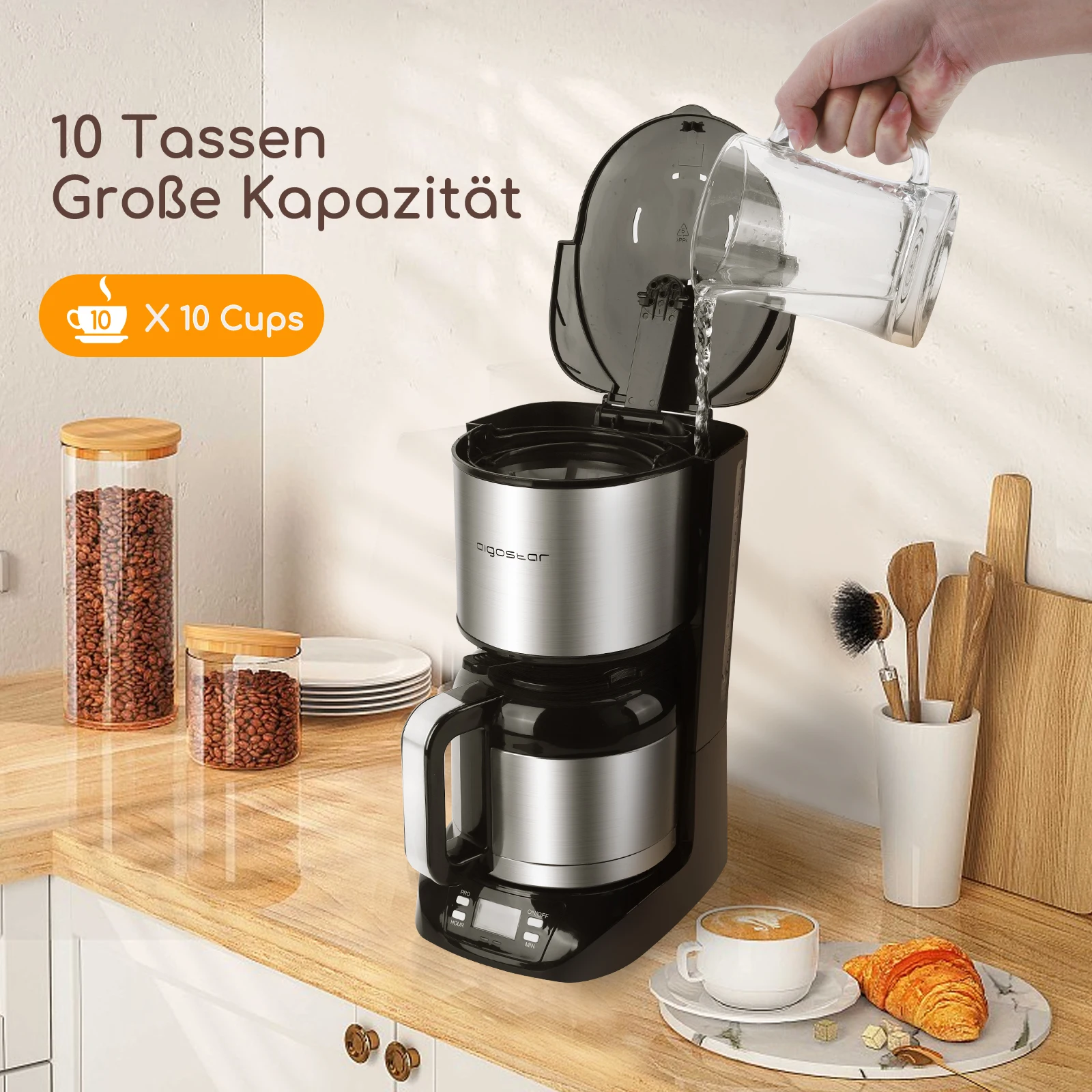 Aigostar Bonnie - ماكينة صنع القهوة من الفولاذ المقاوم للصدأ مع مؤقت، قابلة للبرمجة 24 ساعة، شاشة LCD، لوحة تدفئة، إيقاف تلقائي