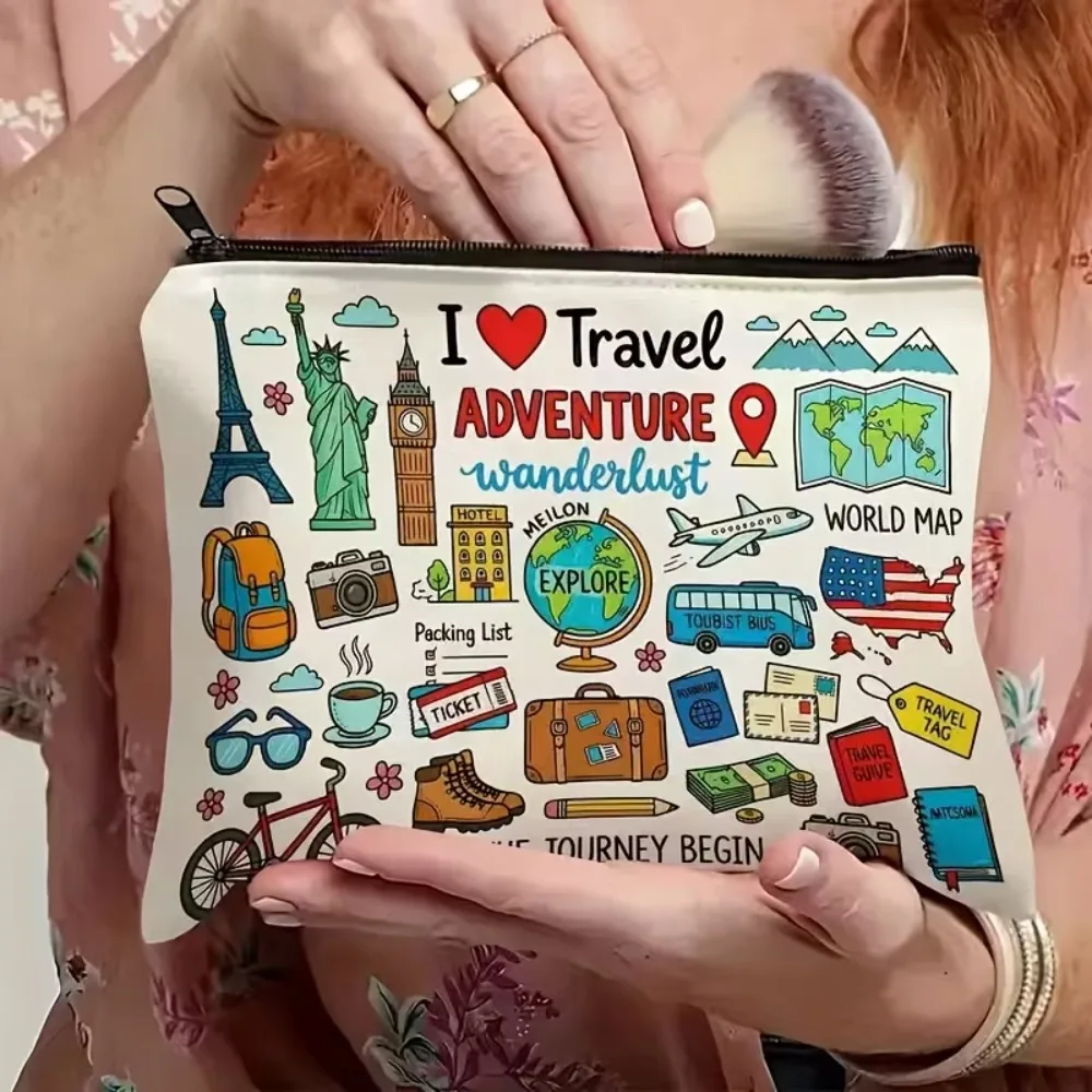Wanderlust Travel Themed Cosmetic Pouch Globe Doodle Design Portable Zipper Bag Ladies Travel Makeup Accessories Storage Purse