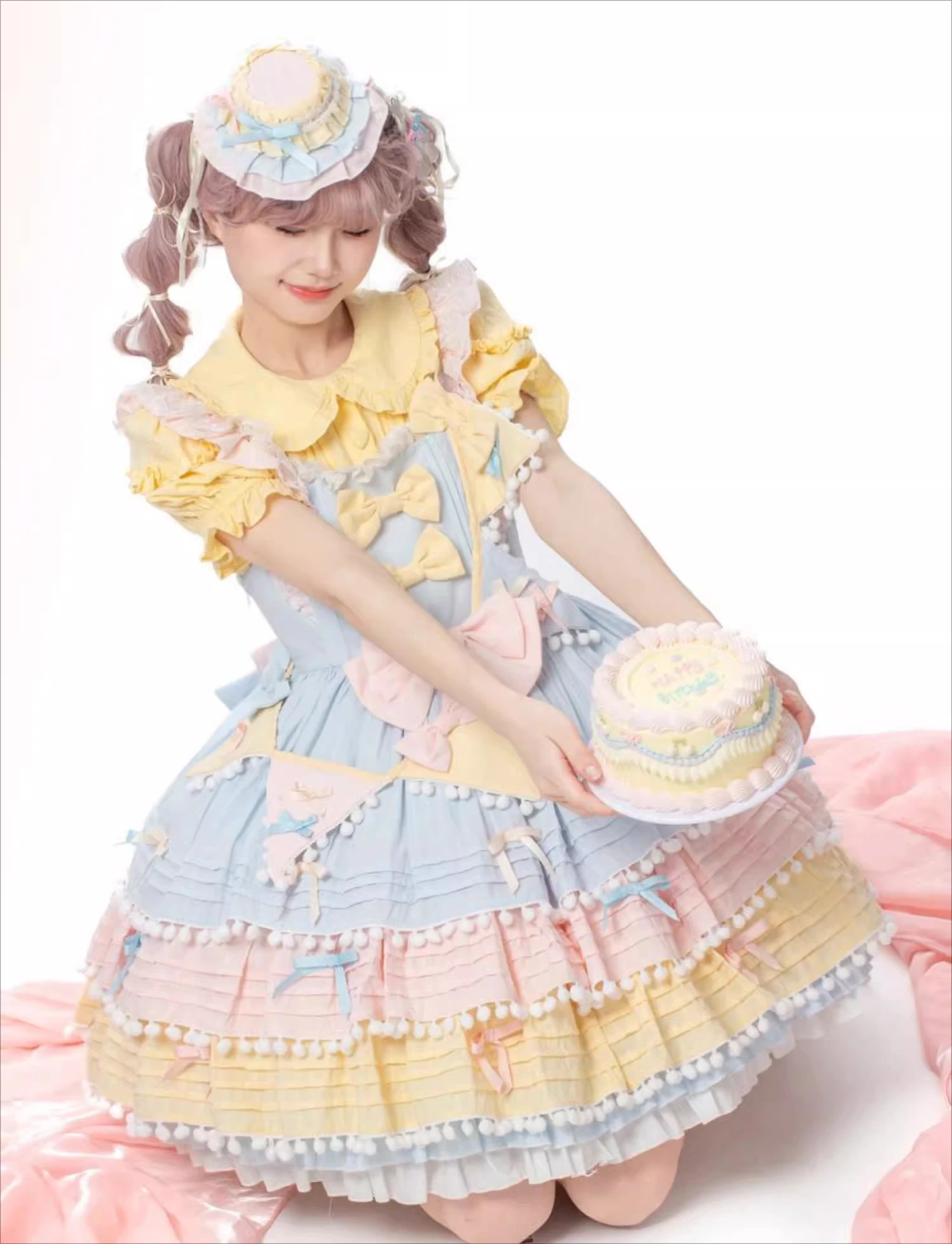 Nonsar lolita querida vestido de bolo colorido feminino doce arco bola de pele borla guarnição três camadas estilo jsk princesa vestidos de festa