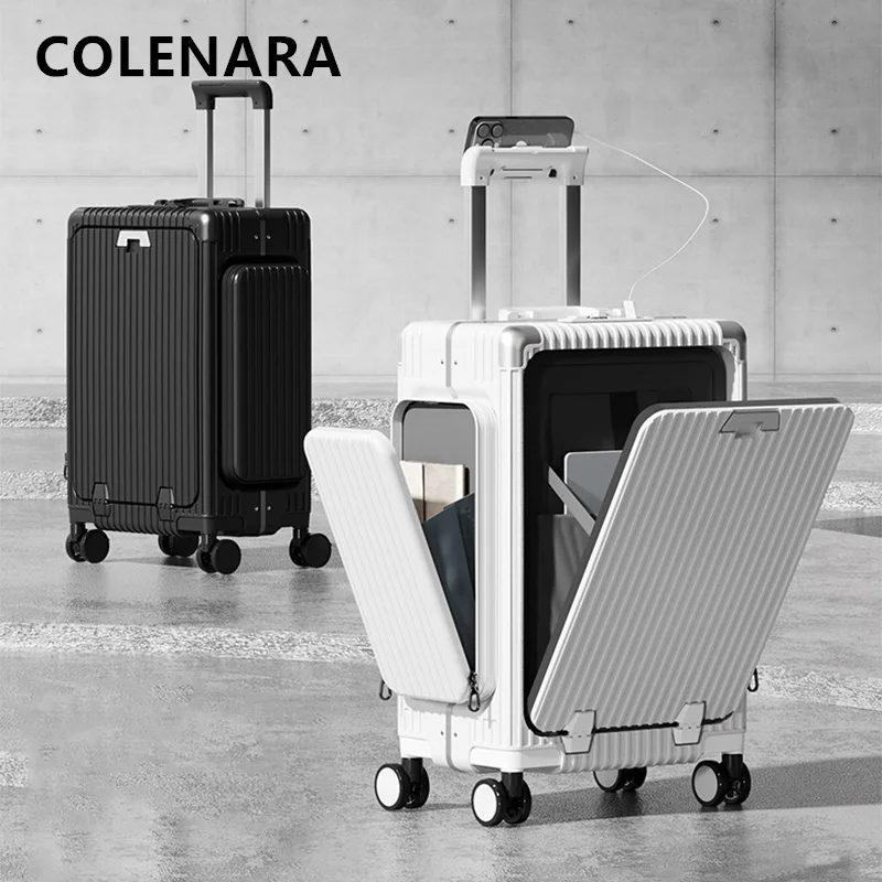 COLENARA USB Charging Suitcase Front Opening Boarding Box Aluminum Frame Trolley Case 20
