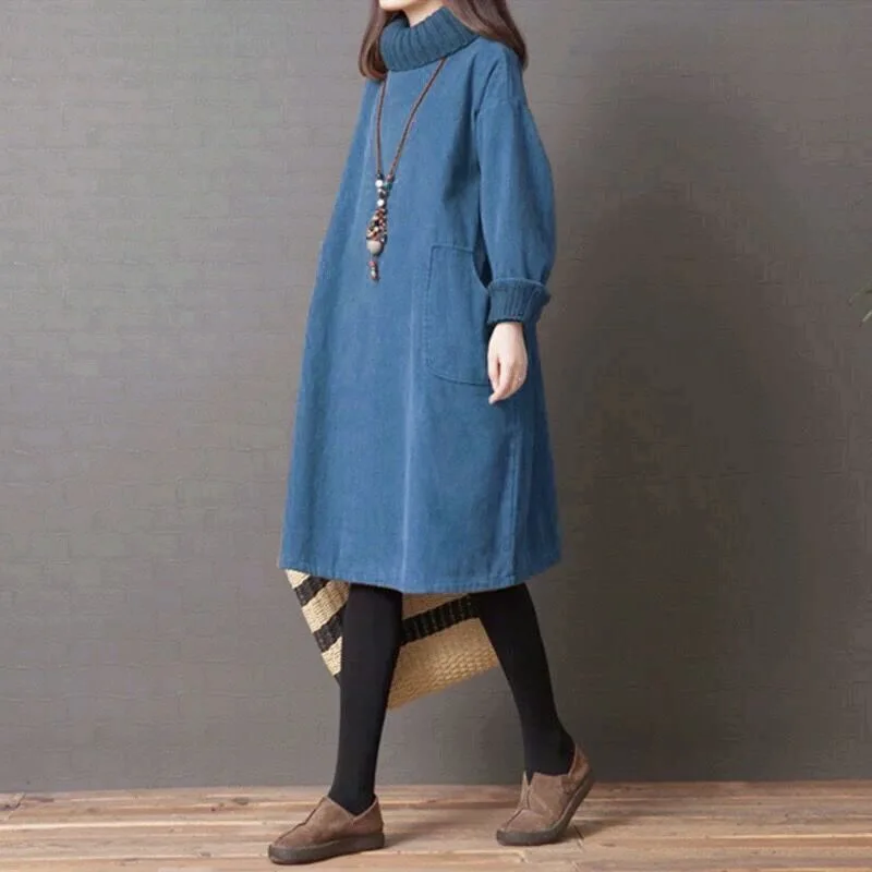 

plus Size Fleece Lined Midi Dress Casual High Waist A-Line Skirt for Middle-Aged Women Autumn Winter Base Layer Sweatshirt Dress