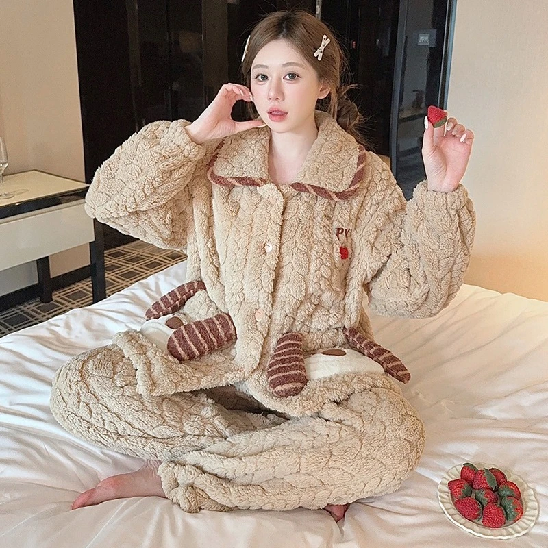 

M-5XL плюс размер зима 2 шт./компл. женские толстые пижамные комплекты из кораллового флиса студенческая домашняя одежда с героями мультфильмов кардиган фланелевая одежда для сна