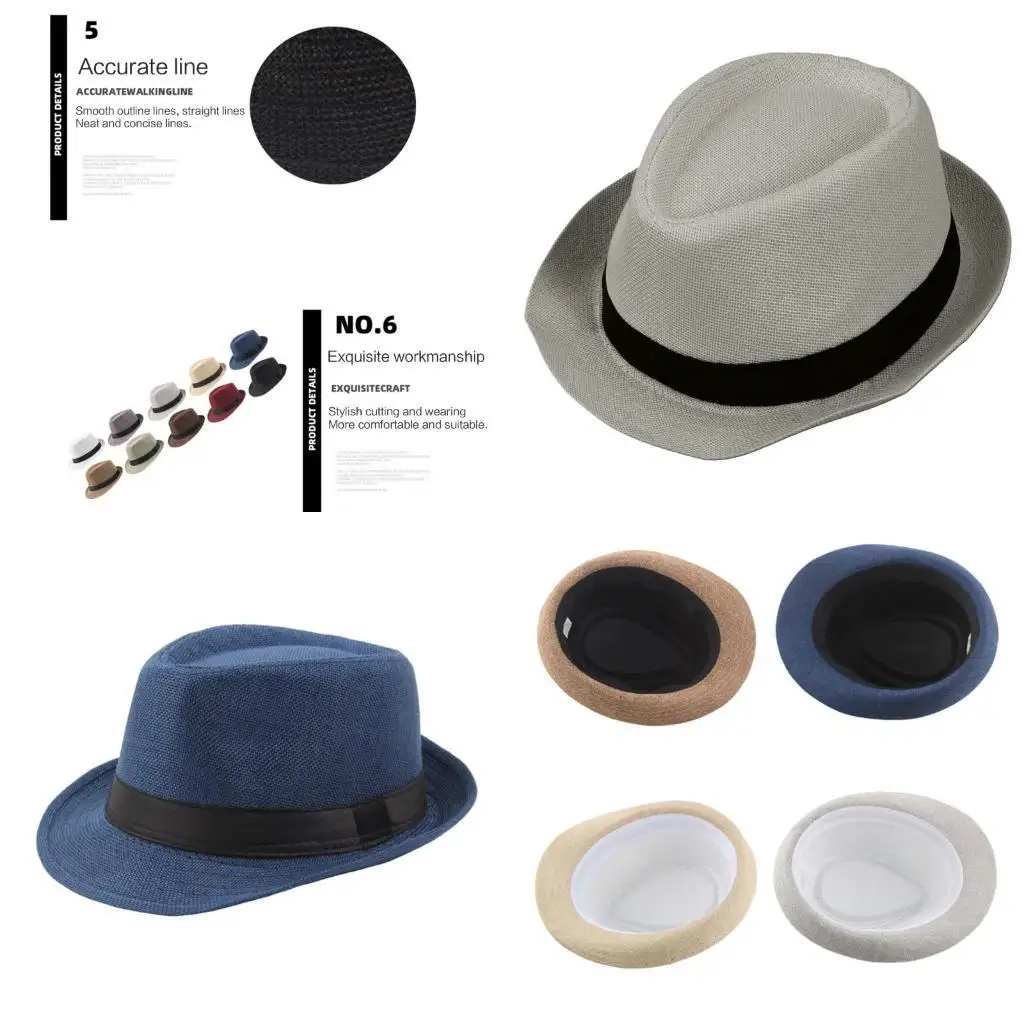 

R1WE Men Fedora Hat с черными группами короткие коры летние солнце