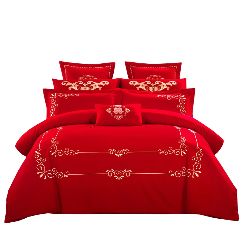 Big Red Cotton Embroidery Four Piece Set Pure Cotton Embroidery Six Piece Set Multi Piece Wedding Bedding Set