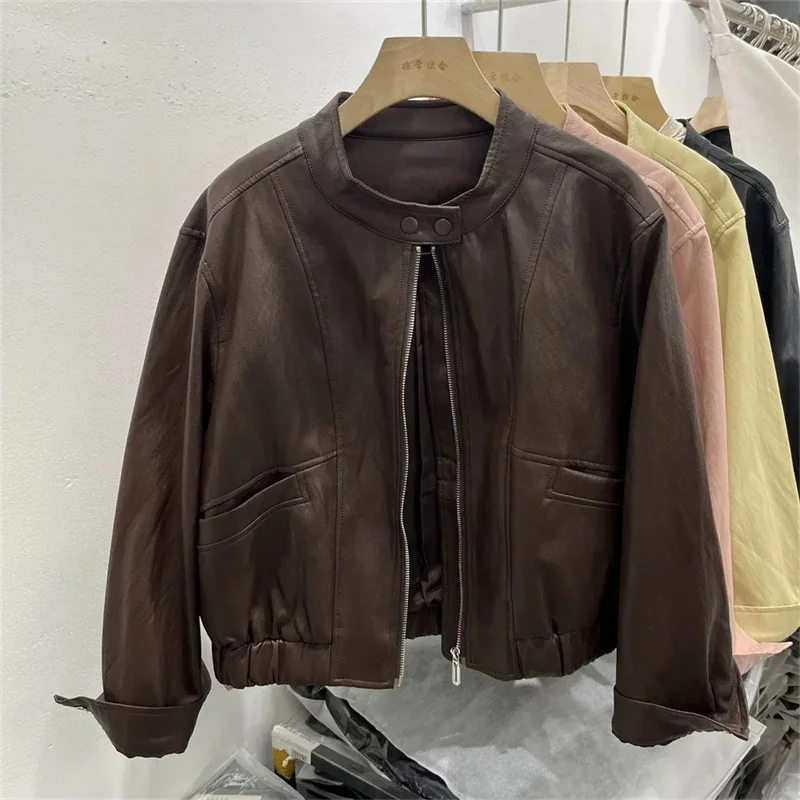 

Leather Jacket Women's 2025Spring New Outwear Stand-UP Collar Loose Overwear Motorcycle Washed PU Leather Coat Female Tide Top