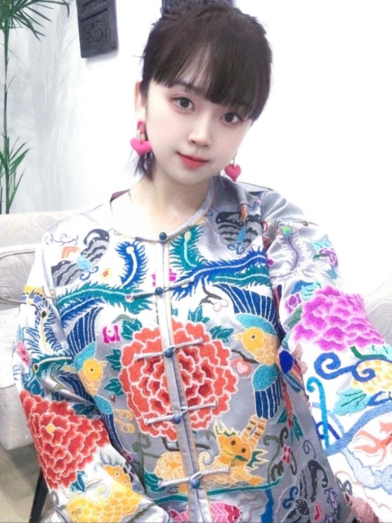 

New Chinese Sle Handmade Embroidery Top Improved Heavy Work Cotton Long Sve round Ne Loose Fit Single Button Spring