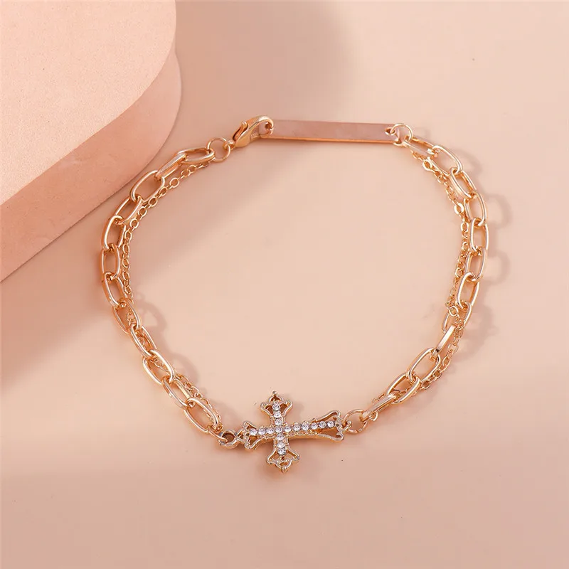 Aihua Gothic Goldfarbenes Kristallkreuz-Fußkettchen für Frauen, Fußschmuck, Sommer, Strand, sexy, weibliches Barfuß-Knöchelarmband für das Bein – Detail 6