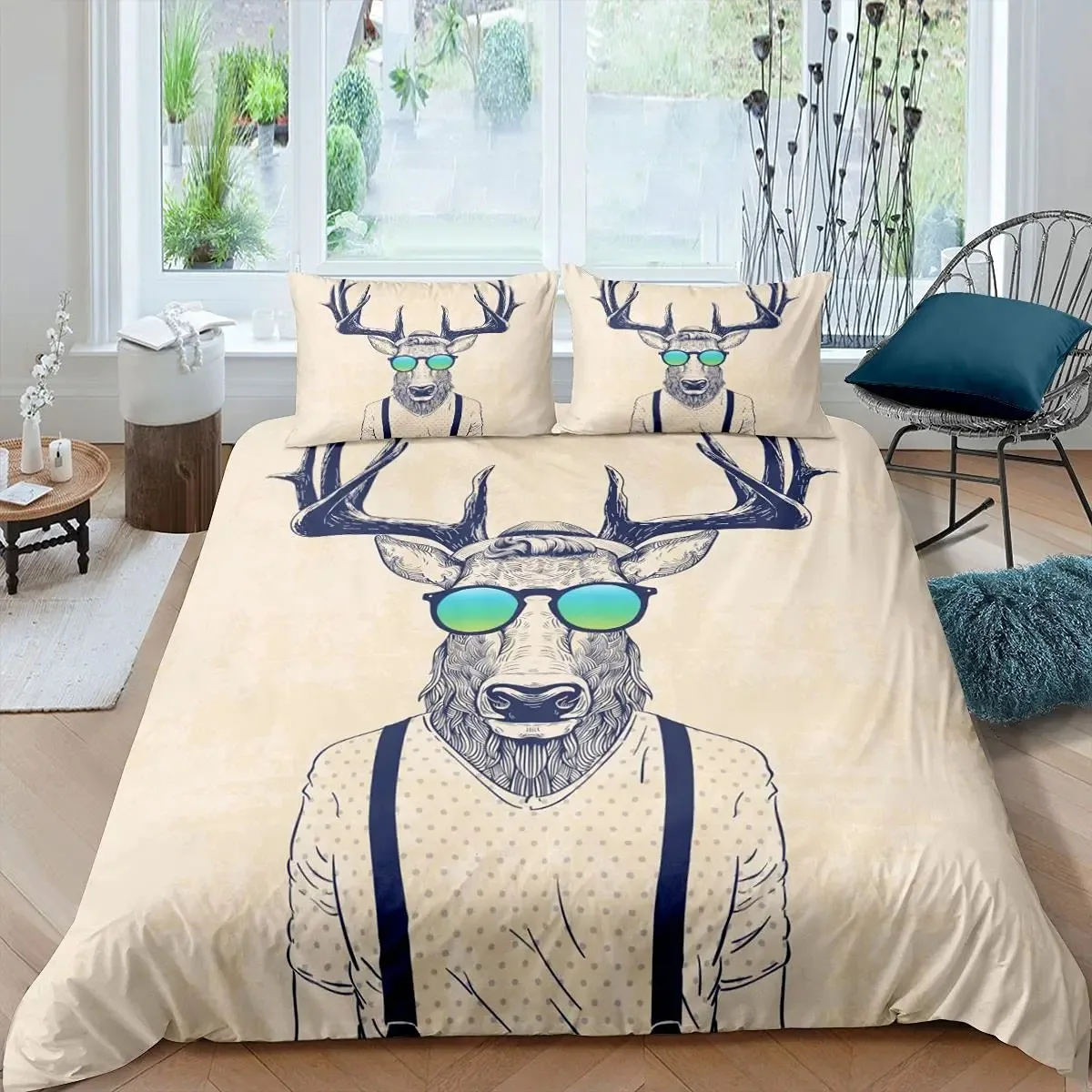 

Antlers Duvet Cover Set,Elk Deer Bedding Set Illustration of Deer Dressed Up Like Cool Hipster Creative Animals Comforter Cover