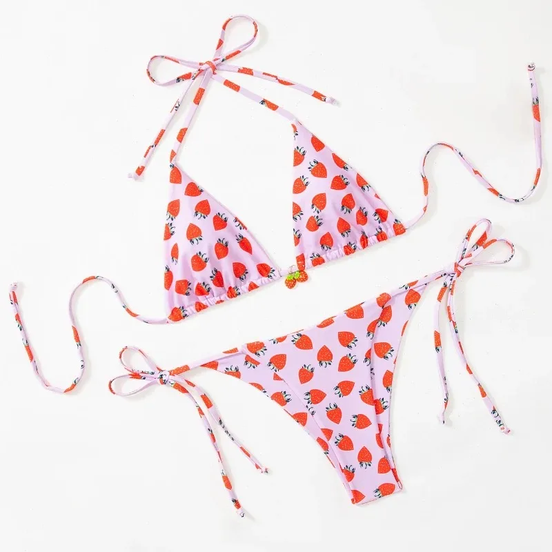 Cute Strawberry Swimsuit Hot Spring Vacation Strawberry Swimwear Two Pieces Print Pink Strawberry Sexy Beach Bikini