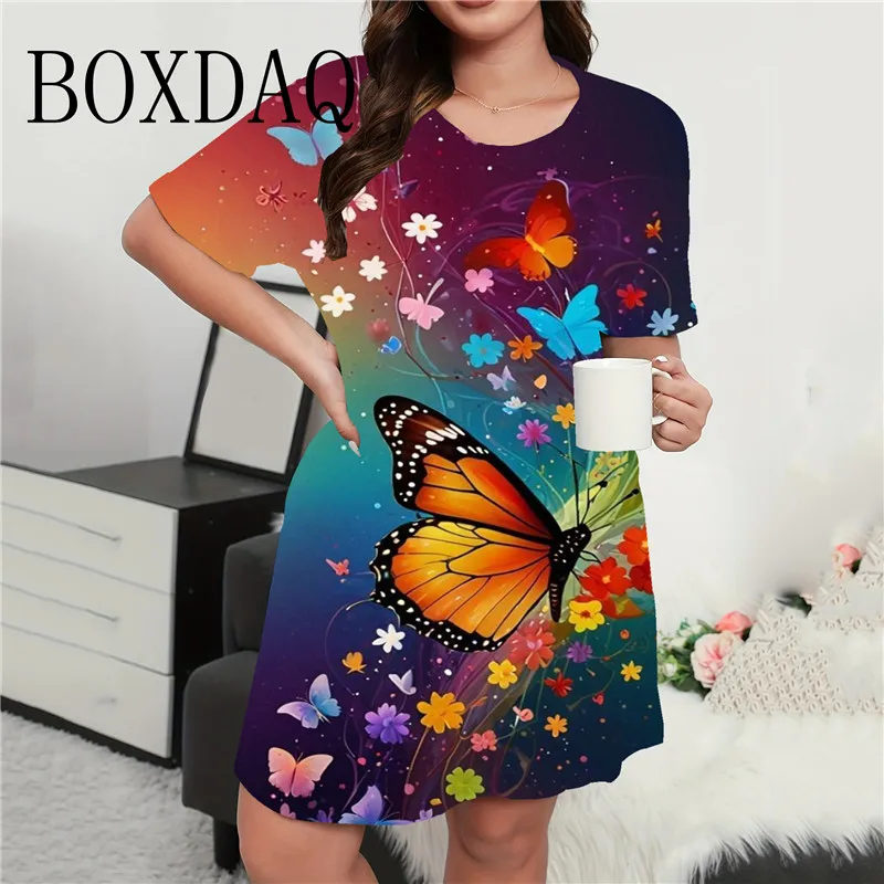 Décontracté Printemps Été Femmes Robe Douce Couleur Papillon Imprimer Mini Robe 2024 Mode À Manches Courtes At A-ligne Robes XXS-3XL