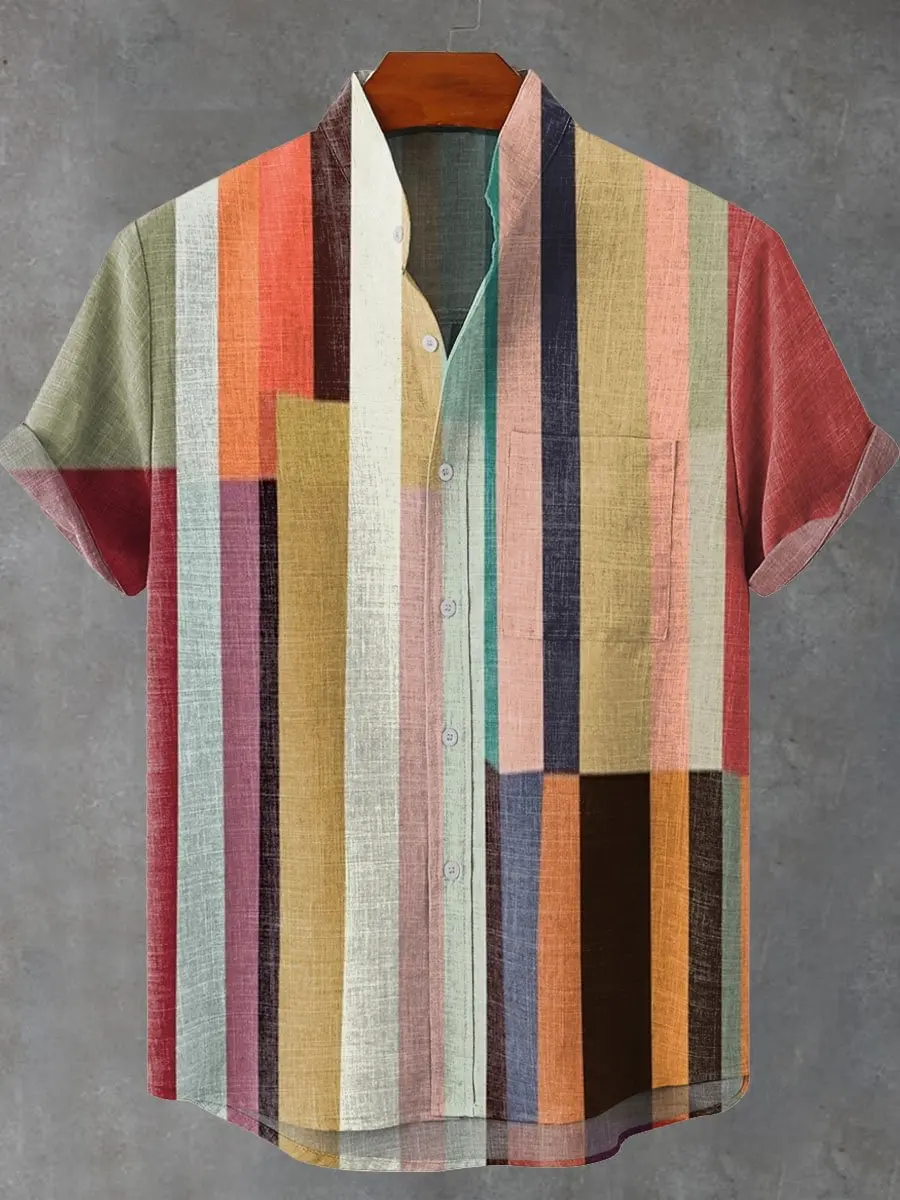 

Summer New Linen Multicolor Geometric Striped 3D Printing Casual Fashion Linen Men's Flip-over Short Sleeve Shirt