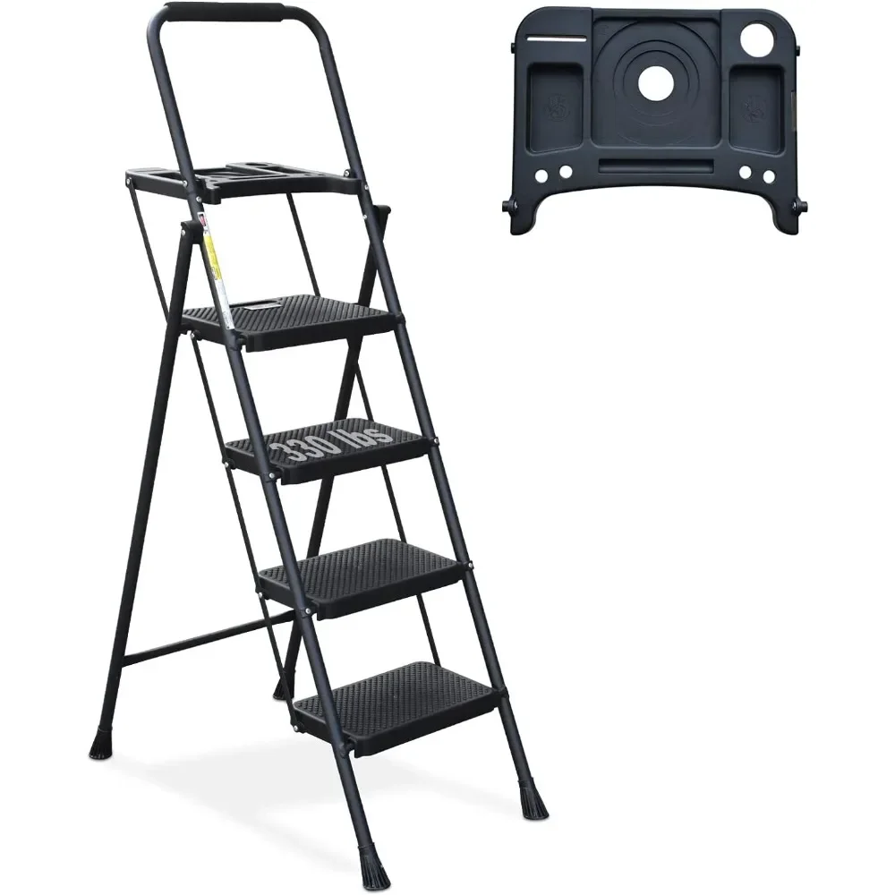 Step Stool for 4 Step, Fold Step Stool with Aluminum Wide Pedal & Convenient Handgrip, Pass 330lbs Load Testing, Folding Ladder