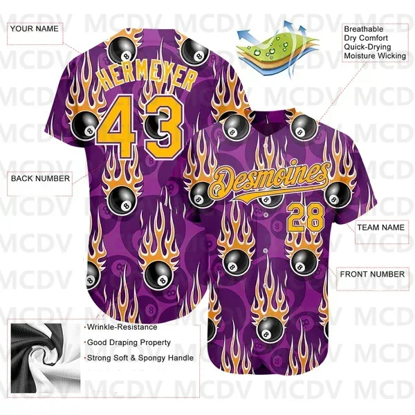 Custom Purple Gold-White 3D Pattern Design Billiards Snooker 8 Ball With Hotrod Flame Authentic Baseball Jersey