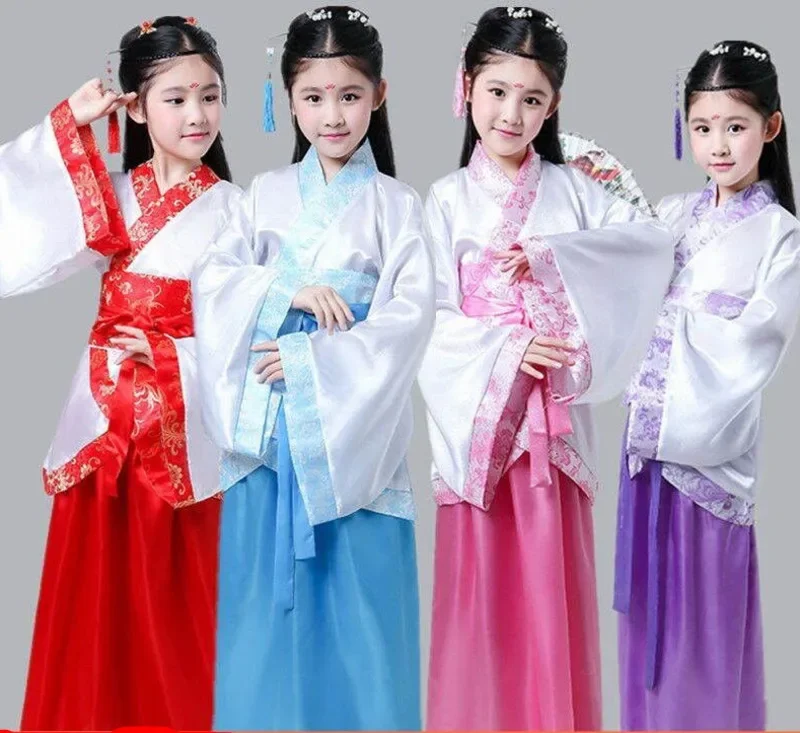 

Chinese silk robe Costume Girls Children Kimono China Traditional Vintage Ethnic Fan Students Chorus Dance Costume Hanfu