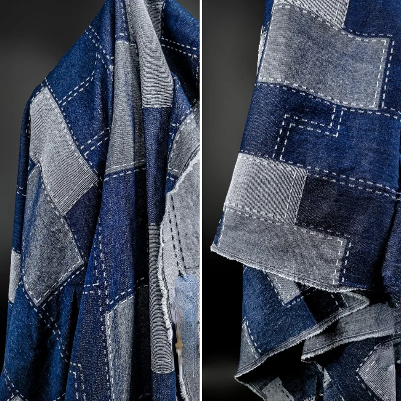 Blue and White Stitching Washed Denim Checkerboard/irregular Denim Recycled Fabric Jacket  Skirt Bag Designer Fabric