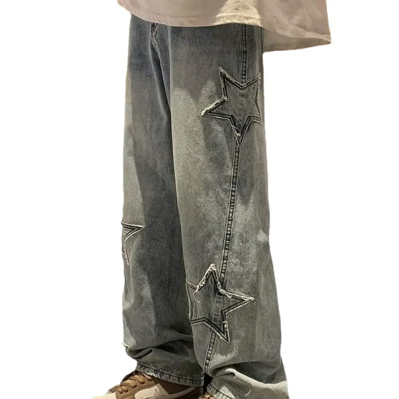 

Men's Jeans Star Embroidery Straight Wide Leg Long Pants Casual Loose Hip-hop Fashion Youth Streetwear Denim Trousers