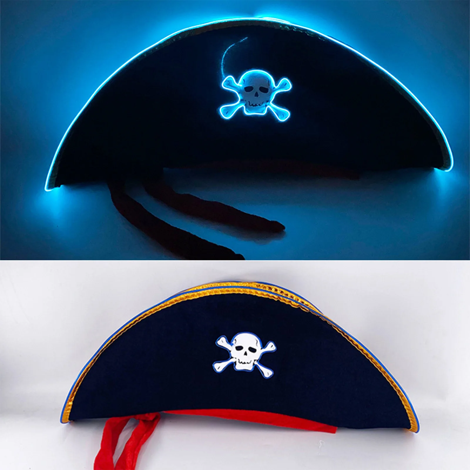 Newstyle Captain Hat Halloween Masquerade Pirate Theme Party Cosplay Captain Costumes Accessories Light Up Skull Pattern Hat