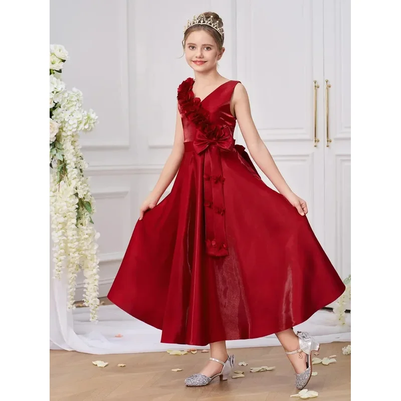 

COSda@Summer Red Flower Bridesmaids Girls Dress Princess Evening Prom Gown Elegant Wedding Birthday Princess Party Dress Kids Cl