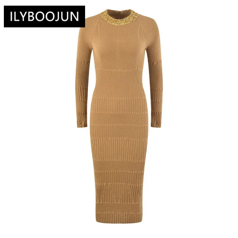 

3 Colors Black/White/Khaki Beadings Collor Long Sleeve Midi Knit Women Dress Luxury Autumn Design For Women 2023 Luxury Brand