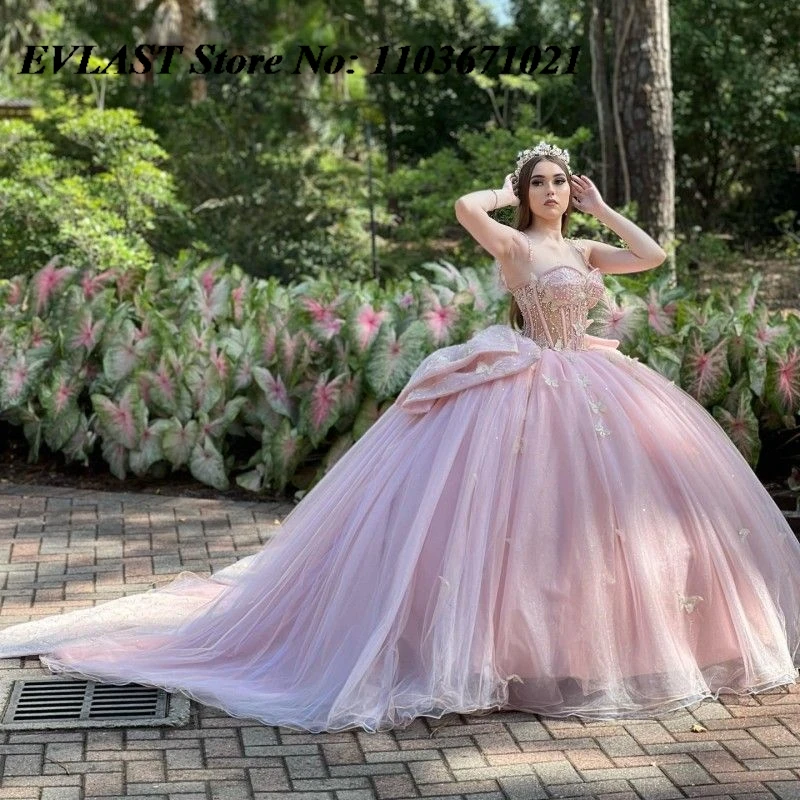 EVLAST gaun dansa merah muda Quinceanera gaun pesta 3D kupu-kupu Applique manik-manik pita Meksiko manis 16 Vestidos De XV 15 Anos SQ13