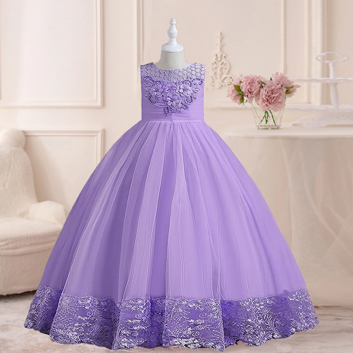 

Elizabeth Fashion Little Big Girls 3D Flower Wedding Bridesmaid Flower Girl Birthday Party Pageant Formal Long Party Dress