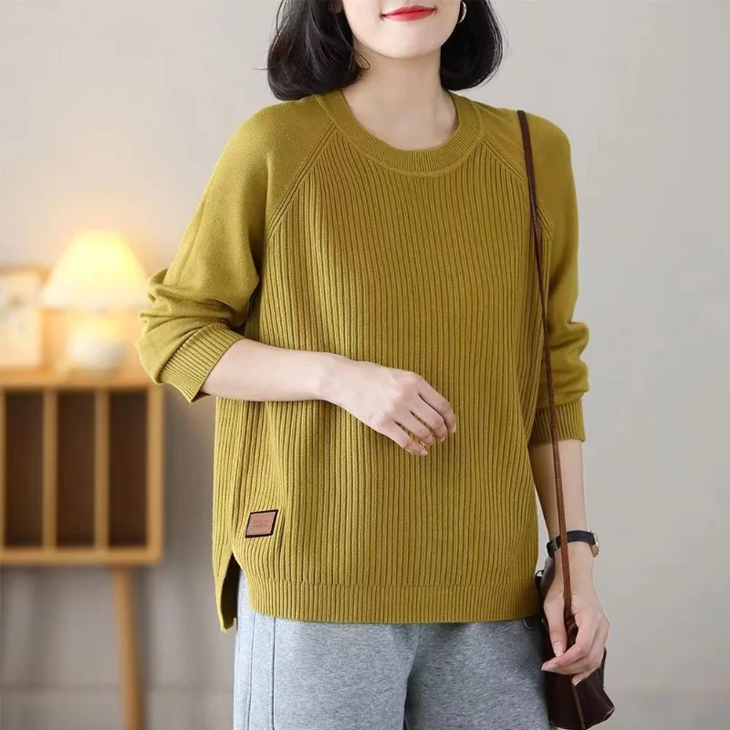 2023 Women's Autumn New Big Size Cover Your Belly Appears Thin Round Neck Solid Color Stripe Splicing Long Sleeves Knit Sweater