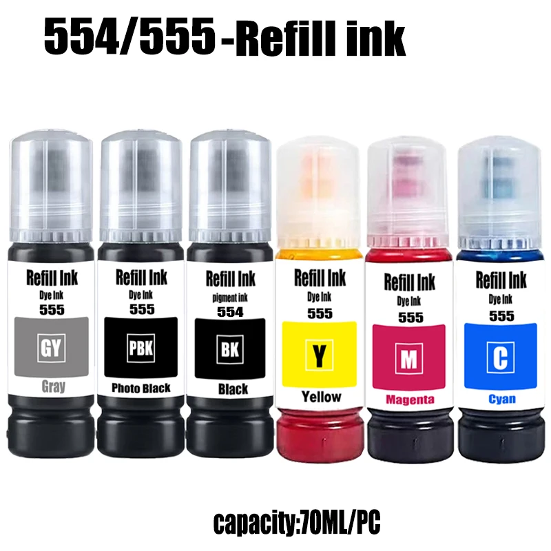 

Набор чернил для заправки Epson 554 555 для принтеров Epson EcoTank L8160 L8168 L8180 L8188 ET-8500 ET-8550 EW-M973A3T EW-M873T, чернила на основе красителя