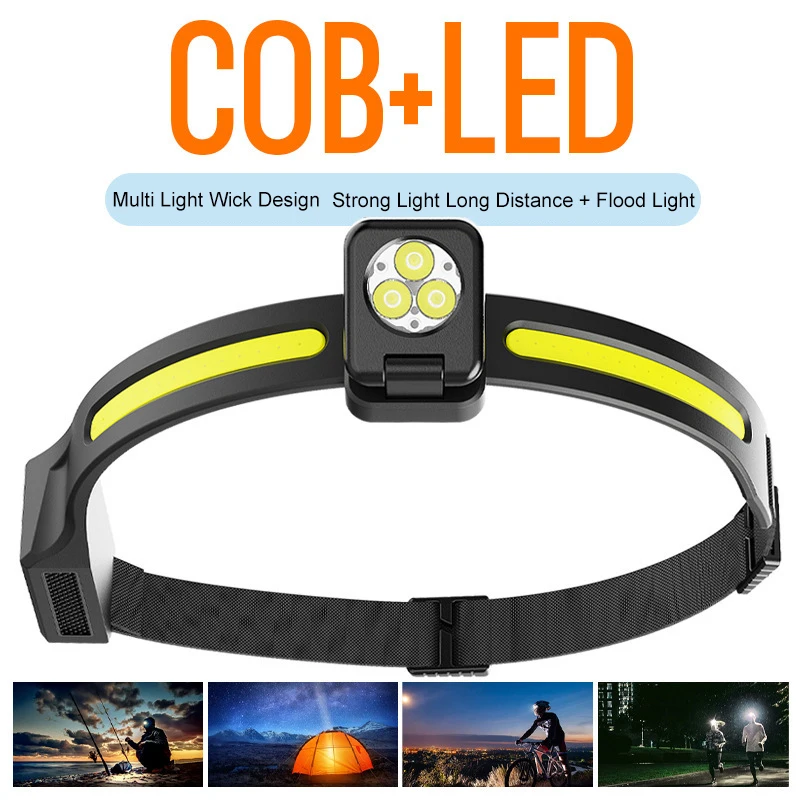 COB LED-koplamp Superheldere inductiezaklamp Ingebouwde batterij USB oplaadbare hoofdlamp Camping Vissen Sensorkoplamp